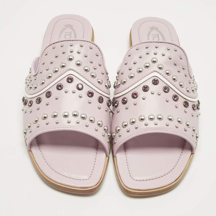 Pre Owned Tod's Lilac Leather Crystal Embellished Flat Slides Size 37.5