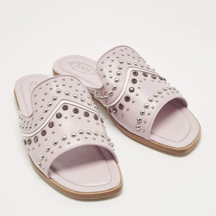 Pre Owned Tod's Lilac Leather Crystal Embellished Flat Slides Size 37.5