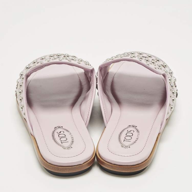 Pre Owned Tod's Lilac Leather Crystal Embellished Flat Slides Size 37.5