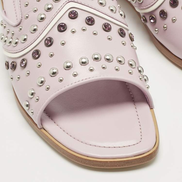 Pre Owned Tod's Lilac Leather Crystal Embellished Flat Slides Size 37.5
