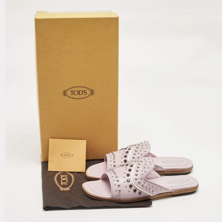 Pre Owned Tod's Lilac Leather Crystal Embellished Flat Slides Size 37.5