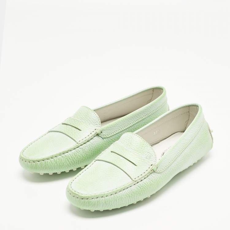 Pre Owned Tod's Green Leather Gommino Driving Loafers Size 37.5