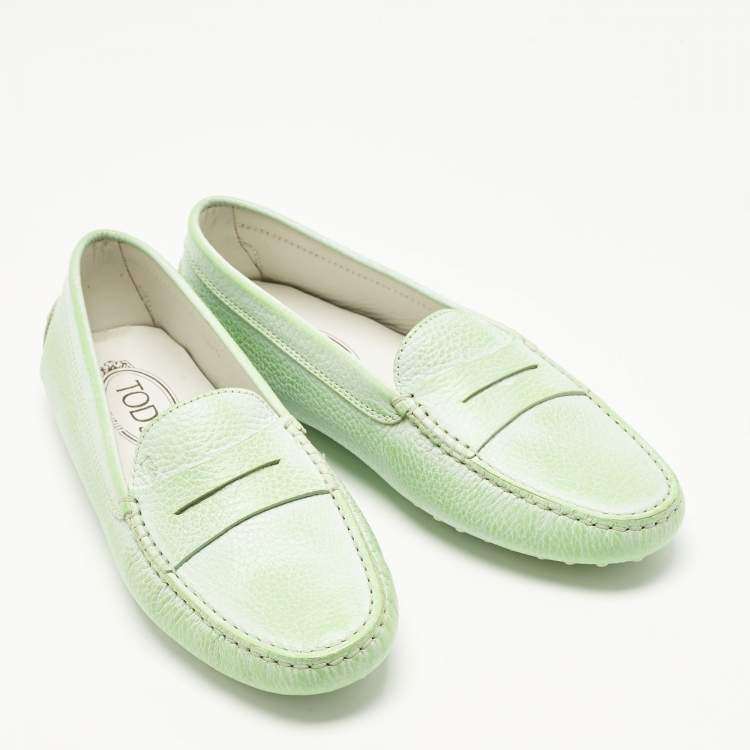 Pre Owned Tod's Green Leather Gommino Driving Loafers Size 37.5