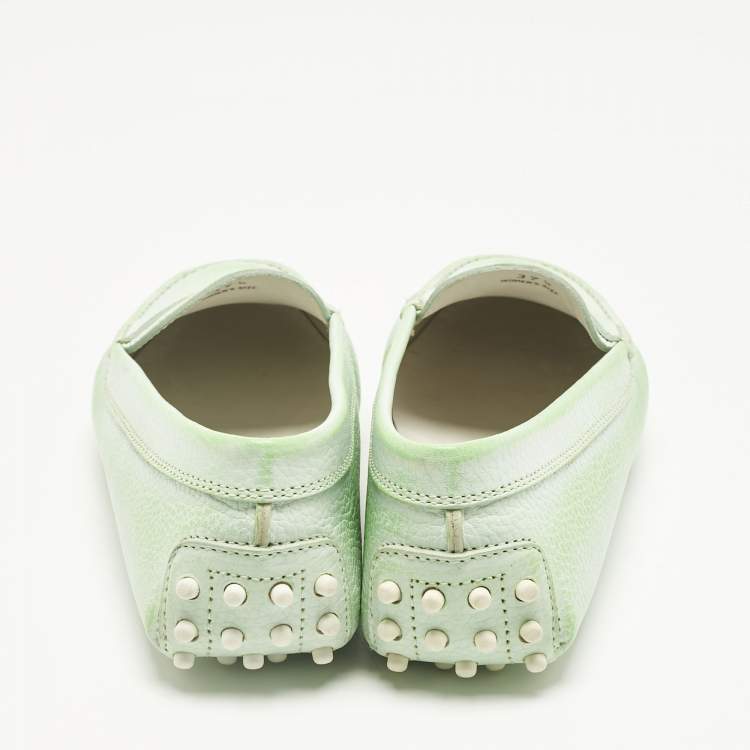 Pre Owned Tod's Green Leather Gommino Driving Loafers Size 37.5