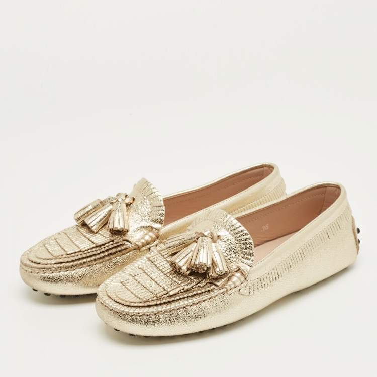 Pre Owned Tod's Gold Leather Tassel Bow Fringe Driver Loafers Size 36