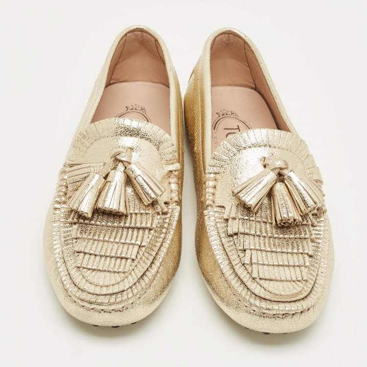 Pre Owned Tod's Gold Leather Tassel Bow Fringe Driver Loafers Size 36
