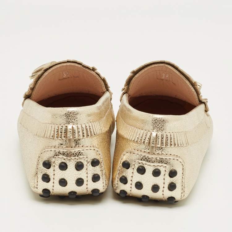 Pre Owned Tod's Gold Leather Tassel Bow Fringe Driver Loafers Size 36
