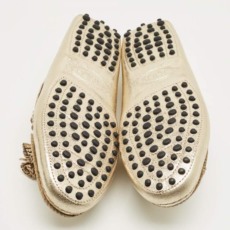 Pre Owned Tod's Gold Leather Tassel Bow Fringe Driver Loafers Size 36