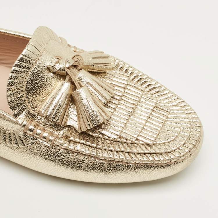 Pre Owned Tod's Gold Leather Tassel Bow Fringe Driver Loafers Size 36