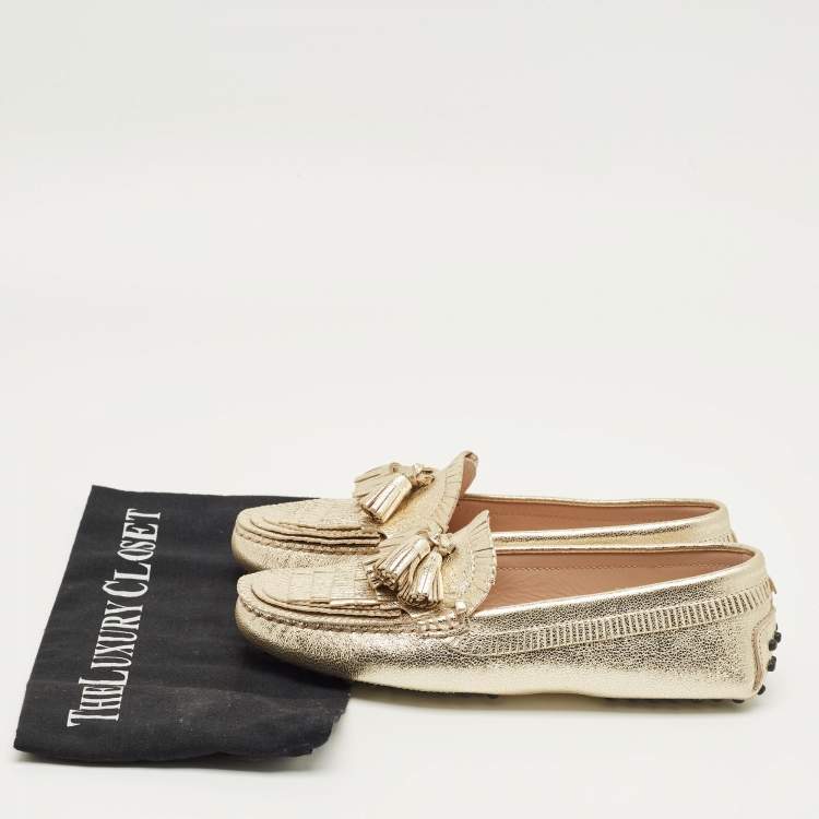 Pre Owned Tod's Gold Leather Tassel Bow Fringe Driver Loafers Size 36