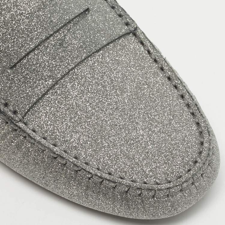Pre Owned Tod's Silver Glitter Leather Gommini Driver Loafers Size 39