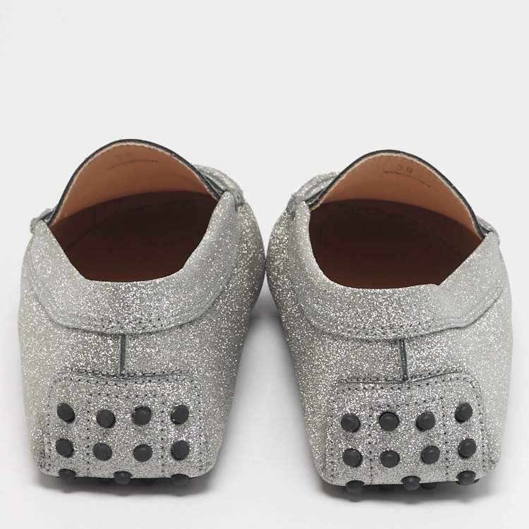 Pre Owned Tod's Silver Glitter Leather Gommini Driver Loafers Size 39