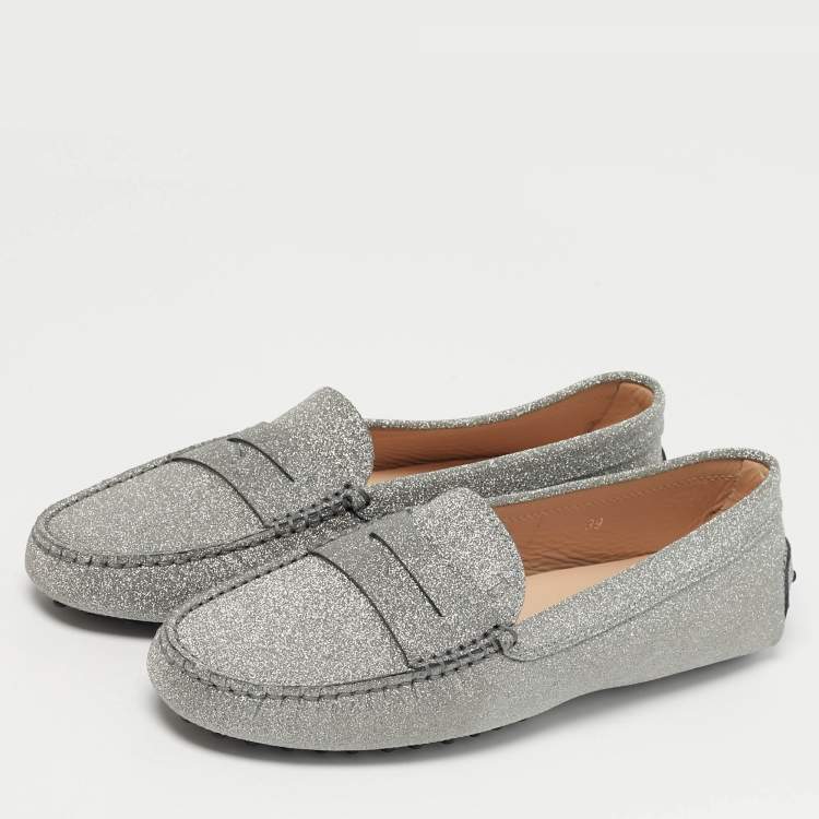 Pre Owned Tod's Silver Glitter Leather Gommini Driver Loafers Size 39