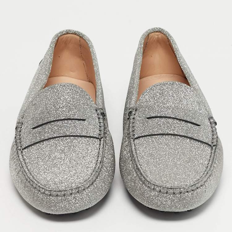 Pre Owned Tod's Silver Glitter Leather Gommini Driver Loafers Size 39