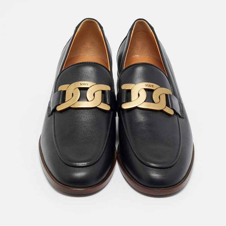 مملوكة مسبقًا Tod's Size 41 Black Leather Chain Link Detail Slip On Loafers