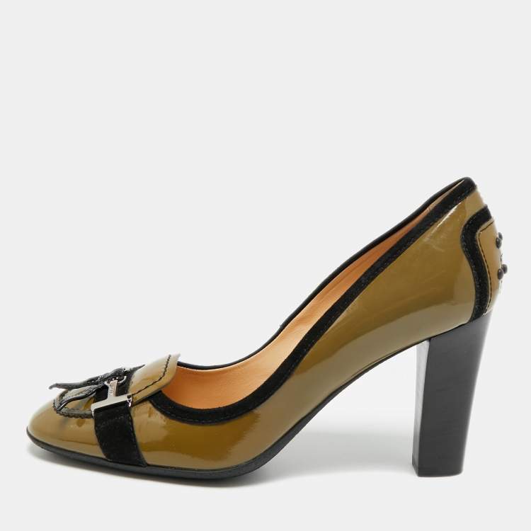 Pre Owned Tod's Size 38 Green/Black Patent Leather and Suede Loafer Pumps