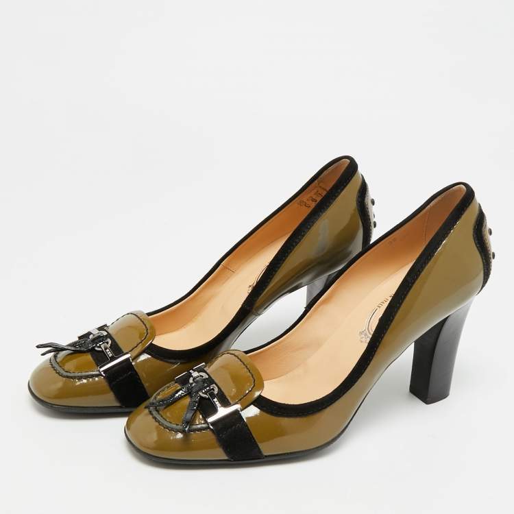 Pre Owned Tod's Size 38 Green/Black Patent Leather and Suede Loafer Pumps