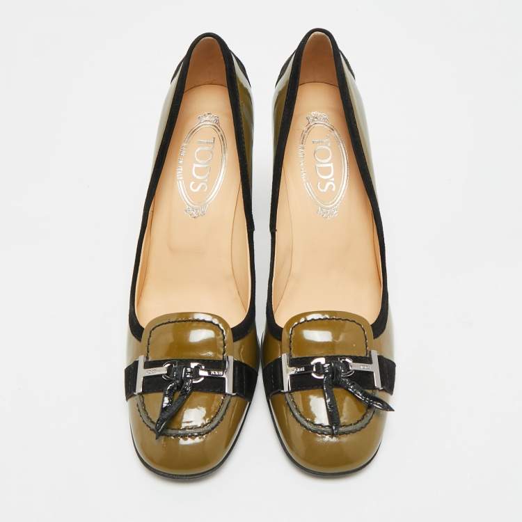 Pre Owned Tod's Size 38 Green/Black Patent Leather and Suede Loafer Pumps