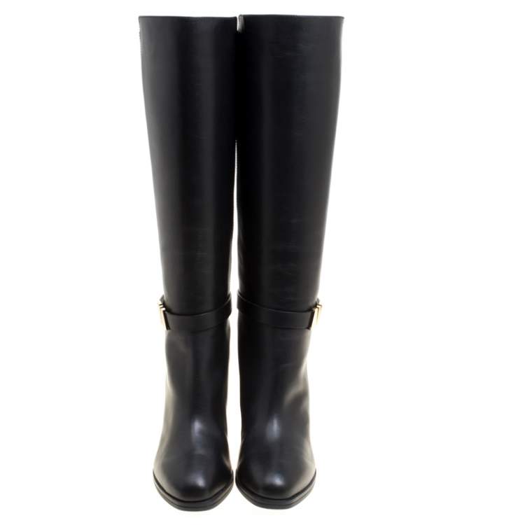 Pre Owned Tod's Black Leather Block Heel Buckle Tall Boots Size 36.5