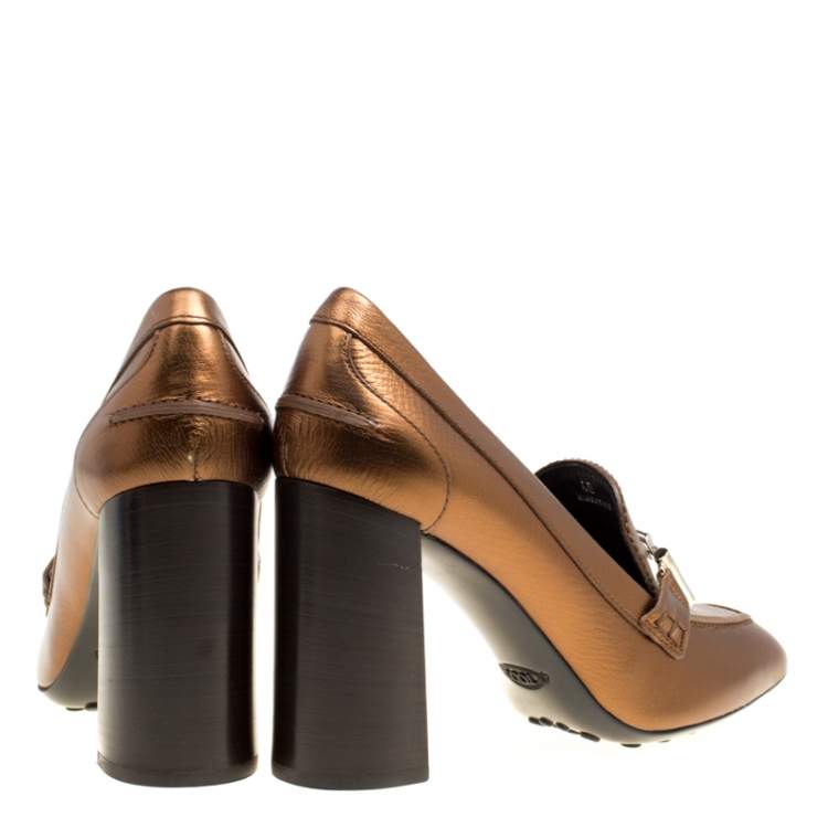 Pre Owned Tod's Metallic Bronze Leather Gomma Maxi Double T Court Loafer Pumps Size 40