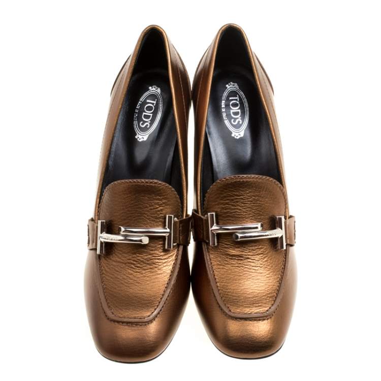 Pre Owned Tod's Metallic Bronze Leather Gomma Maxi Double T Court Loafer Pumps Size 40