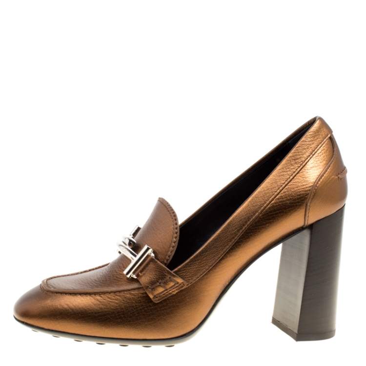Pre Owned Tod's Metallic Bronze Leather Gomma Maxi Double T Court Loafer Pumps Size 40