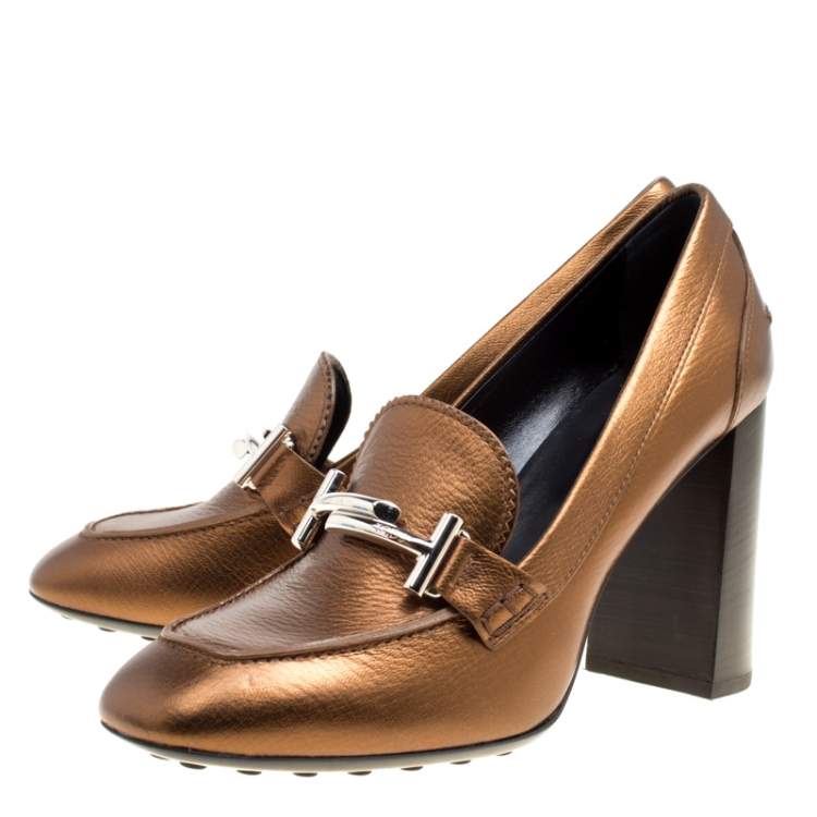 Pre Owned Tod's Metallic Bronze Leather Gomma Maxi Double T Court Loafer Pumps Size 40