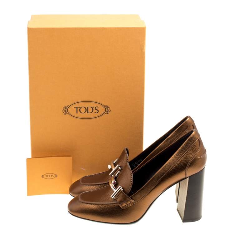 Pre Owned Tod's Metallic Bronze Leather Gomma Maxi Double T Court Loafer Pumps Size 40