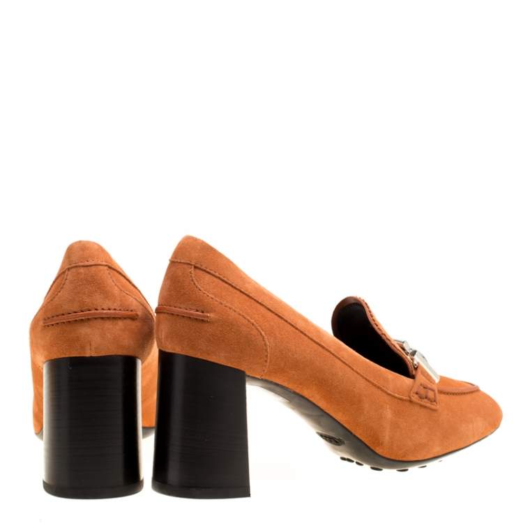 Pre Owned Tod's Orange Suede Gomma Maxi Double T Court Loafer Pumps Size 40