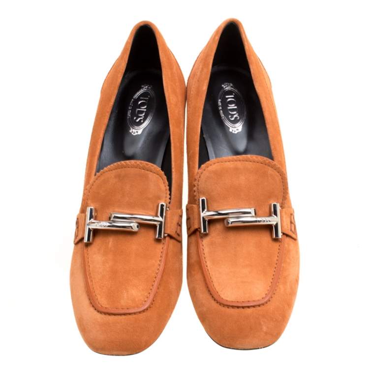 Pre Owned Tod's Orange Suede Gomma Maxi Double T Court Loafer Pumps Size 40
