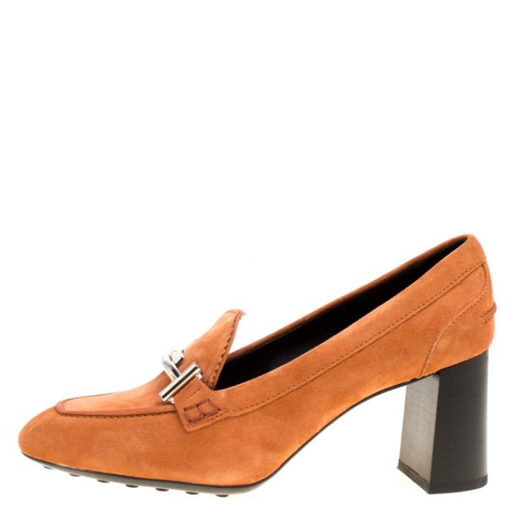 Pre Owned Tod's Orange Suede Gomma Maxi Double T Court Loafer Pumps Size 40