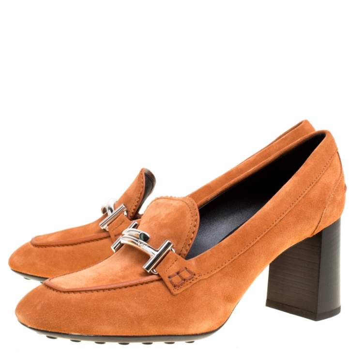 Pre Owned Tod's Orange Suede Gomma Maxi Double T Court Loafer Pumps Size 40