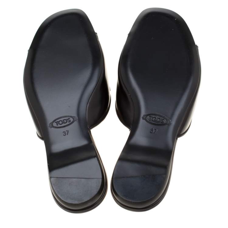 Pre Owned Tod's Limited Edition Black Leather Crystal Embellished Bow Peep Toe Flat Slides Size 37