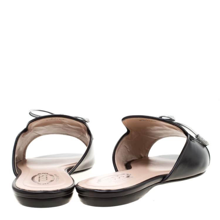 Pre Owned Tod's Limited Edition Black Leather Crystal Embellished Bow Peep Toe Flat Slides Size 37
