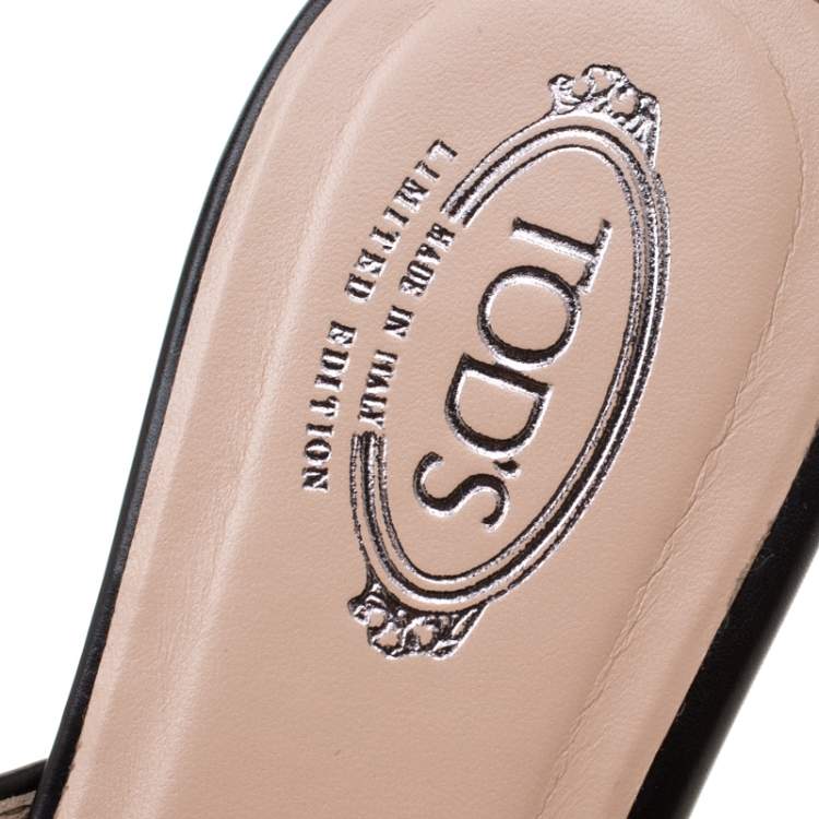 Pre Owned Tod's Limited Edition Black Leather Crystal Embellished Bow Peep Toe Flat Slides Size 37