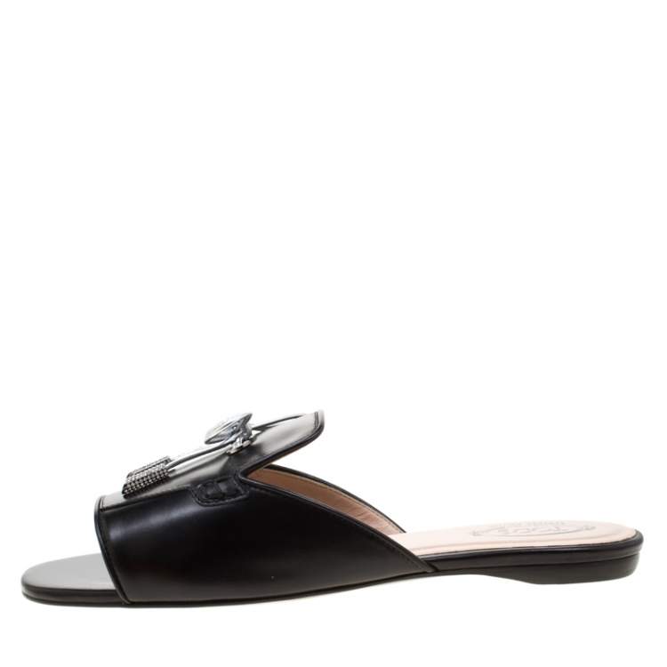 Pre Owned Tod's Limited Edition Black Leather Crystal Embellished Bow Peep Toe Flat Slides Size 37