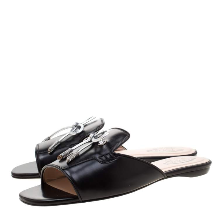 Pre Owned Tod's Limited Edition Black Leather Crystal Embellished Bow Peep Toe Flat Slides Size 37