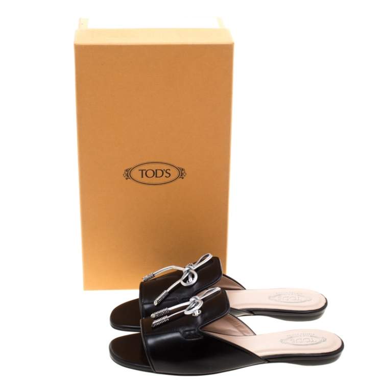 Pre Owned Tod's Limited Edition Black Leather Crystal Embellished Bow Peep Toe Flat Slides Size 37