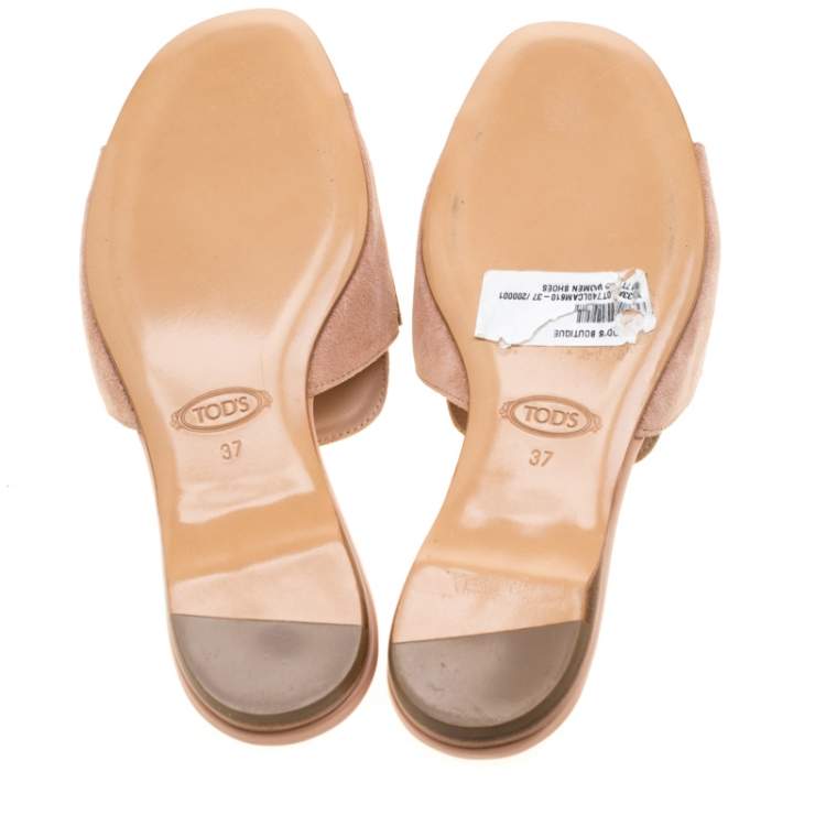 Pre Owned Tod's Limited Edition Pale Pink Suede Crystal Embellished Peep Toe Flat Slides Size 37