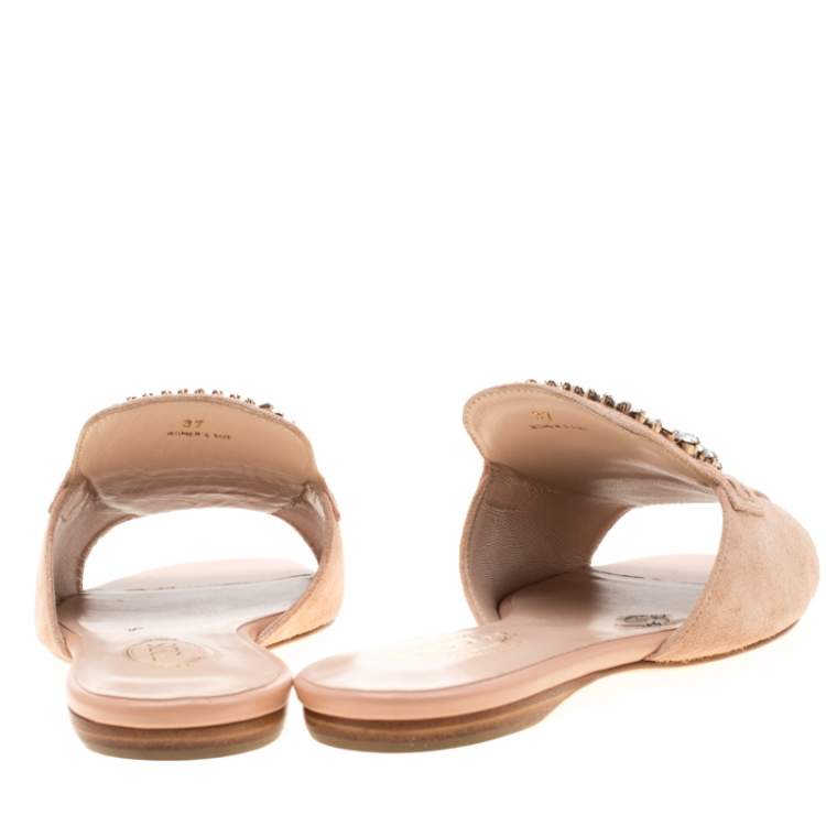 Pre Owned Tod's Limited Edition Pale Pink Suede Crystal Embellished Peep Toe Flat Slides Size 37