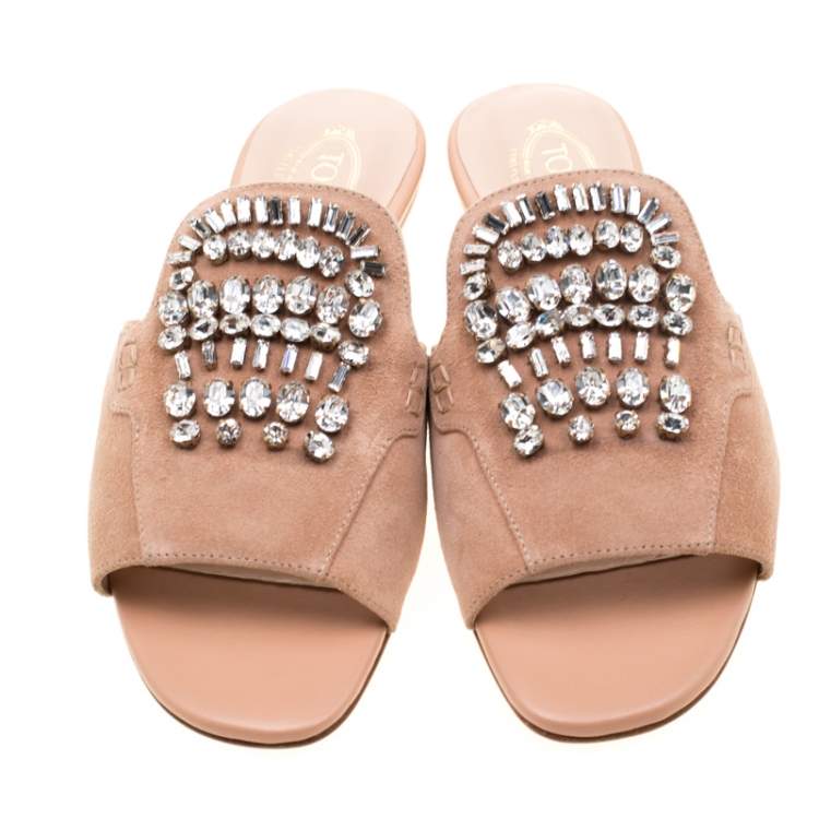Pre Owned Tod's Limited Edition Pale Pink Suede Crystal Embellished Peep Toe Flat Slides Size 37