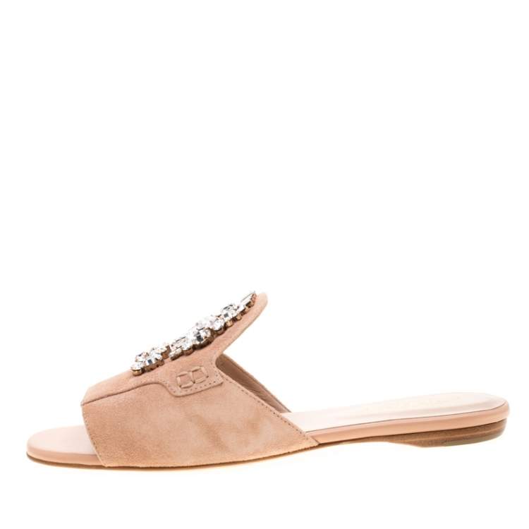 Pre Owned Tod's Limited Edition Pale Pink Suede Crystal Embellished Peep Toe Flat Slides Size 37