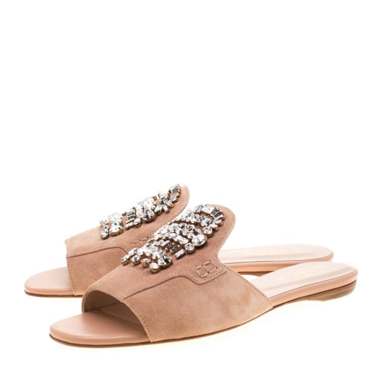 Pre Owned Tod's Limited Edition Pale Pink Suede Crystal Embellished Peep Toe Flat Slides Size 37