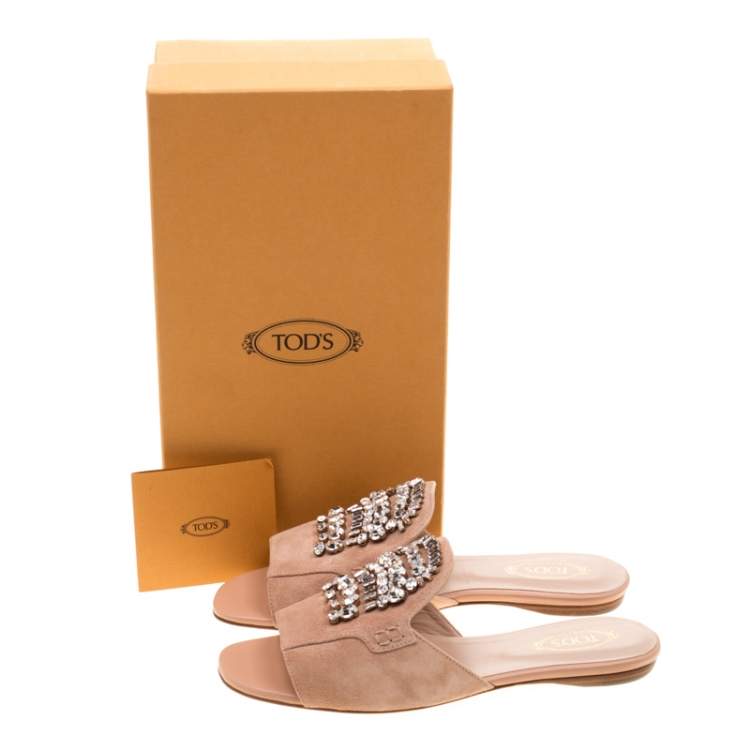 Pre Owned Tod's Limited Edition Pale Pink Suede Crystal Embellished Peep Toe Flat Slides Size 37