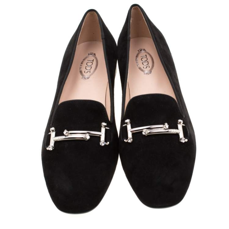 Pre Owned Tod's Black Suede Crystal Embellished Double T Smoking Slippers Size 37.5