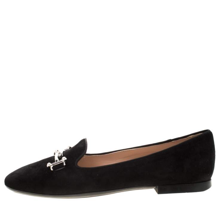 Pre Owned Tod's Black Suede Crystal Embellished Double T Smoking Slippers Size 37.5