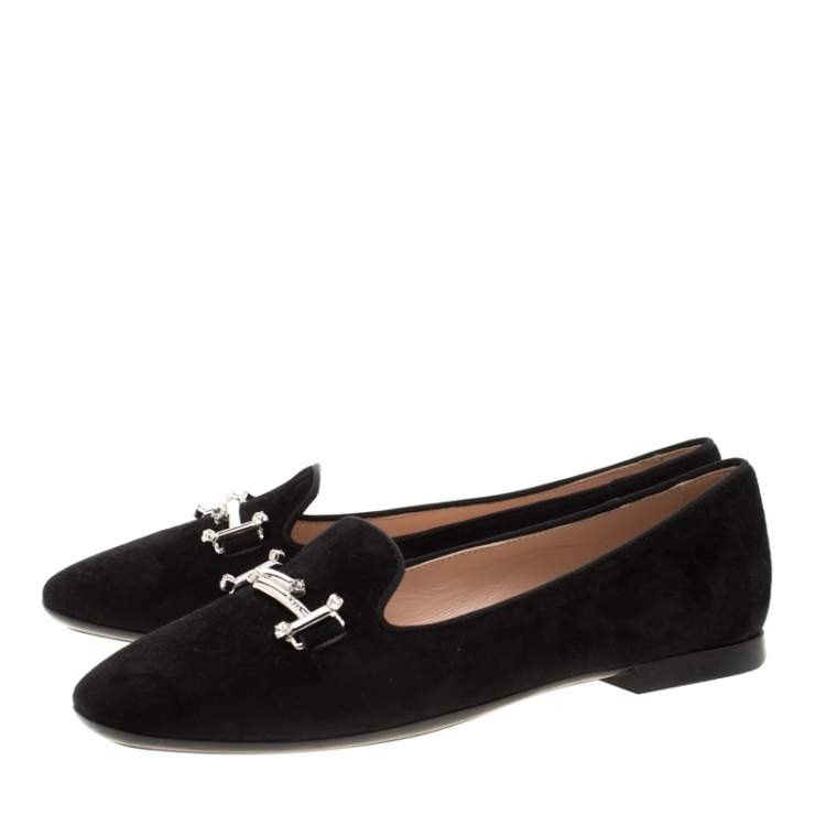 Pre Owned Tod's Black Suede Crystal Embellished Double T Smoking Slippers Size 37.5