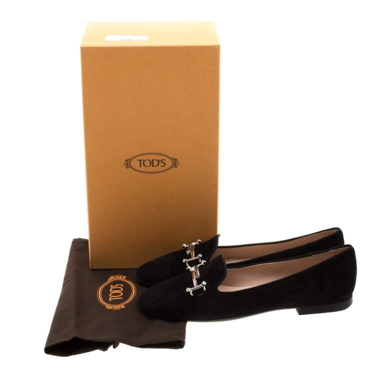 Pre Owned Tod's Black Suede Crystal Embellished Double T Smoking Slippers Size 37.5