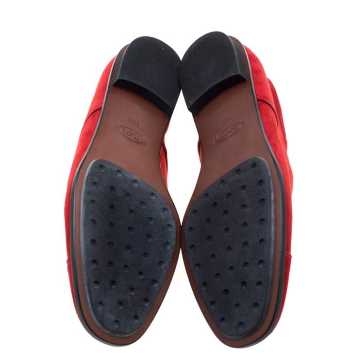 Pre Owned Tod's Red Suede Cap Toe Loafers Size 39.5