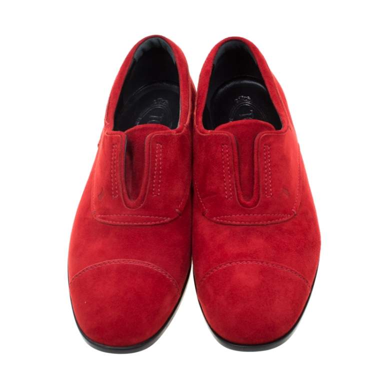 Pre Owned Tod's Red Suede Cap Toe Loafers Size 39.5